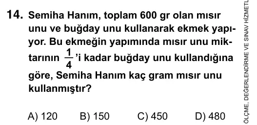 7. Sınıf Matematik 2015 İOKBS Bursluluk Sınavı 14. Soru görseli