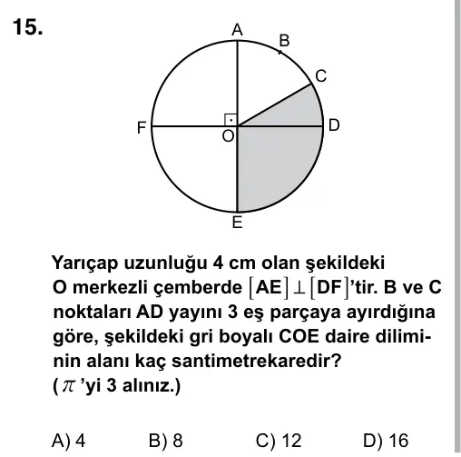 7. Sınıf Matematik 2015 İOKBS Bursluluk Sınavı 15. Soru görseli