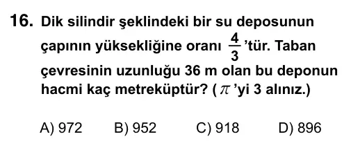 7. Sınıf Matematik 2015 İOKBS Bursluluk Sınavı 16. Soru görseli
