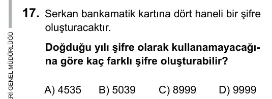 7. Sınıf Matematik 2015 İOKBS Bursluluk Sınavı 17. Soru görseli