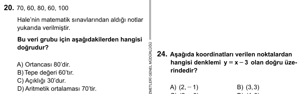 7. Sınıf Matematik 2015 İOKBS Bursluluk Sınavı 20. Soru görseli