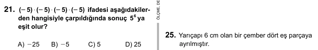 7. Sınıf Matematik 2015 İOKBS Bursluluk Sınavı 21. Soru görseli