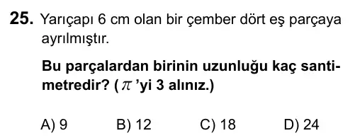 7. Sınıf Matematik 2015 İOKBS Bursluluk Sınavı 25. Soru görseli