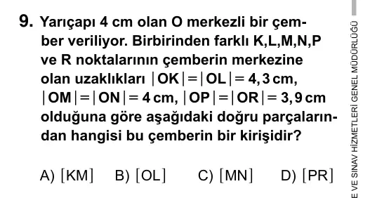7. Sınıf Matematik 2015 İOKBS Bursluluk Sınavı 9. Soru görseli