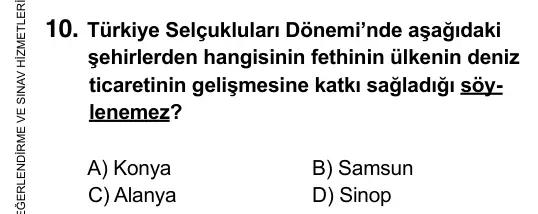 7. Sınıf Sosyal Bilgiler 2015 İOKBS Bursluluk Sınavı 10. Soru görseli