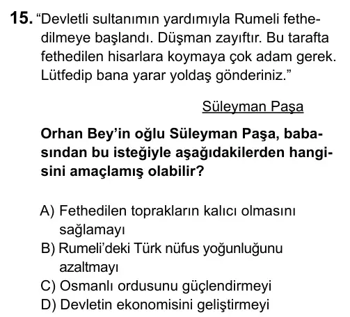 7. Sınıf Sosyal Bilgiler 2015 İOKBS Bursluluk Sınavı 15. Soru görseli