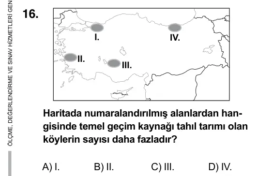 7. Sınıf Sosyal Bilgiler 2015 İOKBS Bursluluk Sınavı 16. Soru görseli