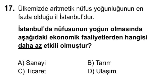 7. Sınıf Sosyal Bilgiler 2015 İOKBS Bursluluk Sınavı 17. Soru görseli