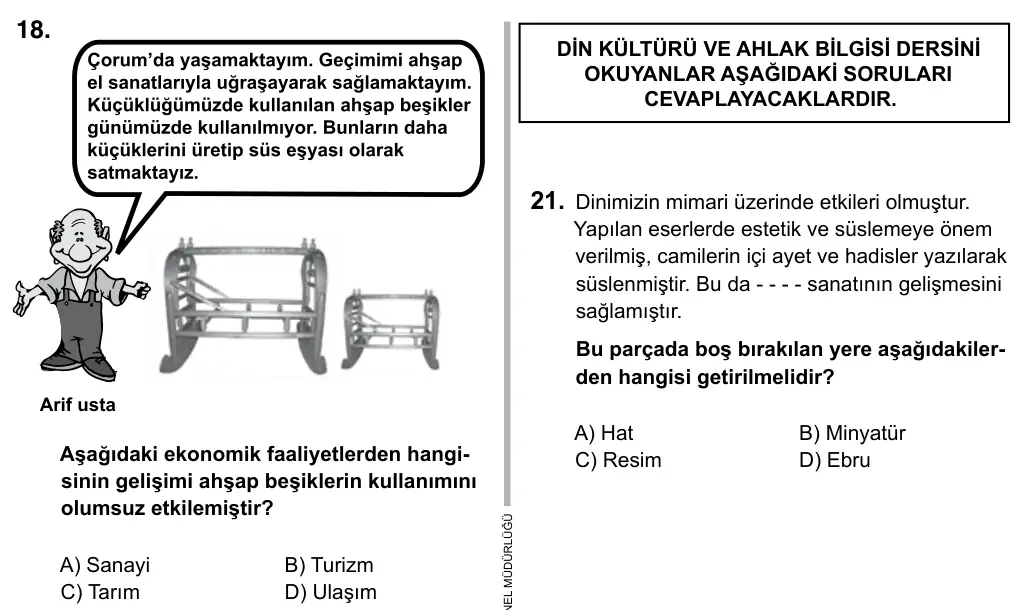 7. Sınıf Sosyal Bilgiler 2015 İOKBS Bursluluk Sınavı 18. Soru görseli