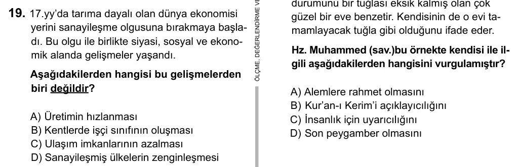 7. Sınıf Sosyal Bilgiler 2015 İOKBS Bursluluk Sınavı 19. Soru görseli