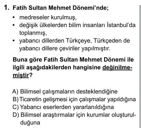 7. Sınıf Sosyal Bilgiler 2015 İOKBS Bursluluk Sınavı 1. Soru görseli