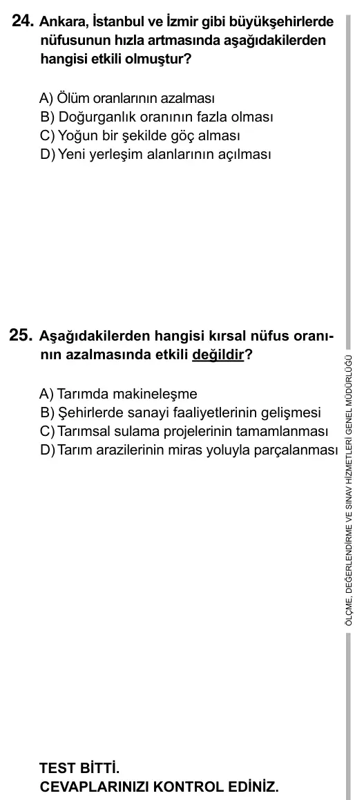 7. Sınıf Sosyal Bilgiler 2015 İOKBS Bursluluk Sınavı 25. Soru görseli (2/3)