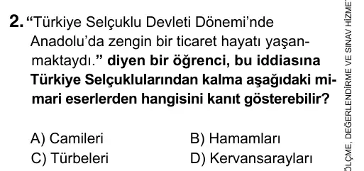 7. Sınıf Sosyal Bilgiler 2015 İOKBS Bursluluk Sınavı 2. Soru görseli