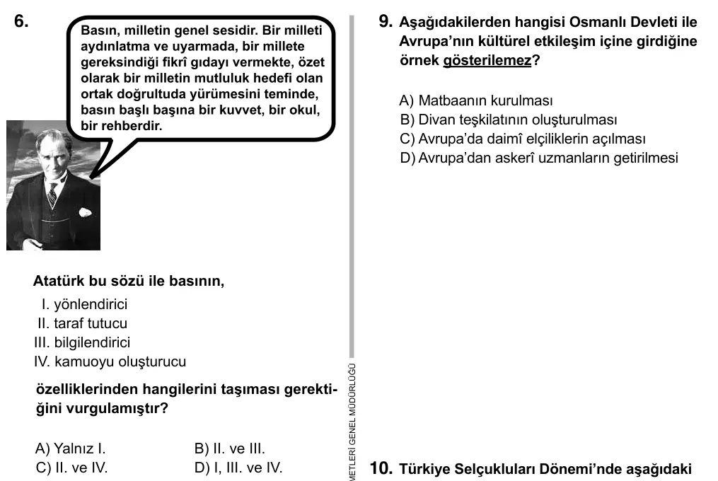 7. Sınıf Sosyal Bilgiler 2015 İOKBS Bursluluk Sınavı 6. Soru görseli