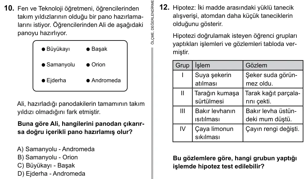 7. Sınıf Fen ve Teknoloji 2015 İOKBS Bursluluk Sınavı 10. Soru görseli