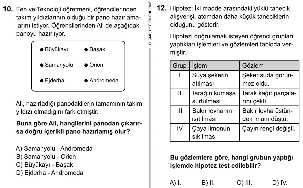 7. Sınıf Fen ve Teknoloji 2015 İOKBS Bursluluk Sınavı 12. Soru görseli