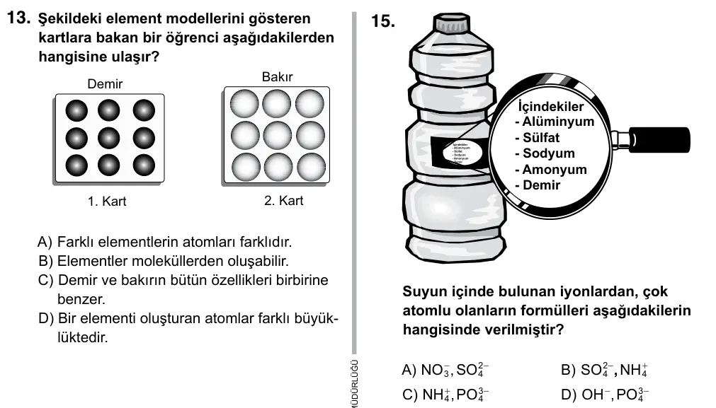7. Sınıf Fen ve Teknoloji 2015 İOKBS Bursluluk Sınavı 15. Soru görseli