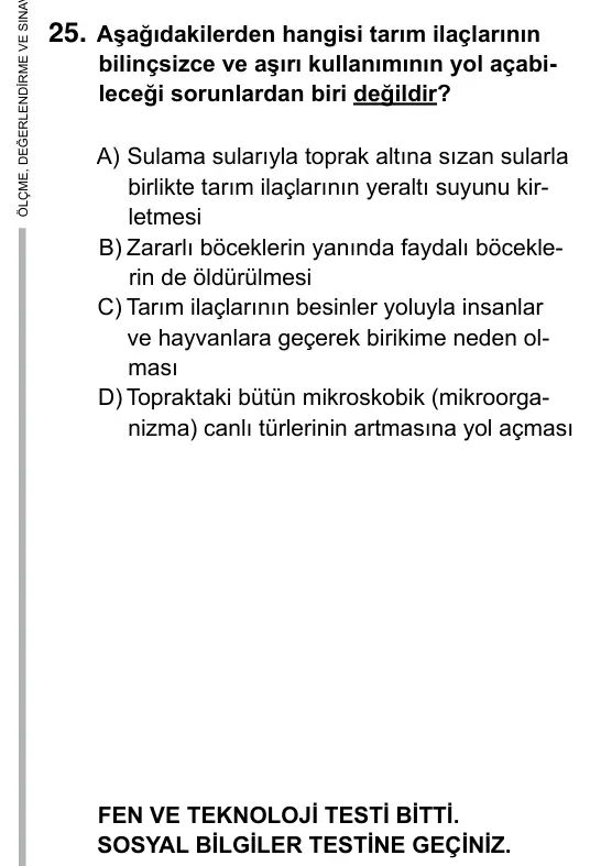 7. Sınıf Fen ve Teknoloji 2015 İOKBS Bursluluk Sınavı 25. Soru görseli
