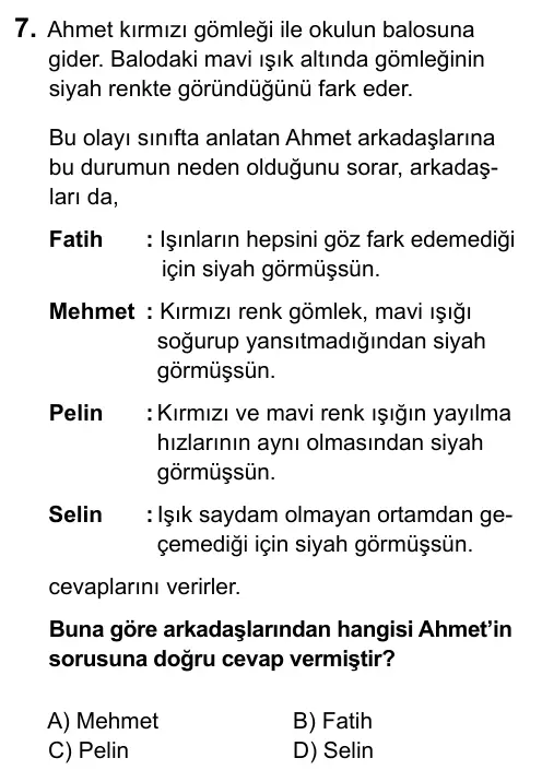 7. Sınıf Fen ve Teknoloji 2015 İOKBS Bursluluk Sınavı 7. Soru görseli