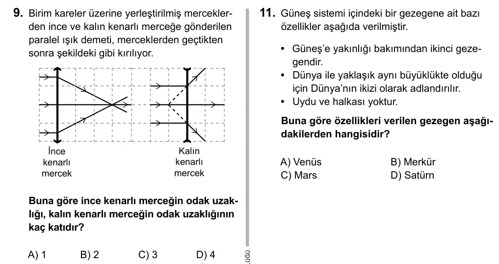 7. Sınıf Fen ve Teknoloji 2015 İOKBS Bursluluk Sınavı 9. Soru görseli