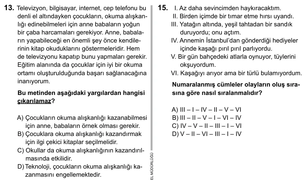 7. Sınıf Türkçe 2015 İOKBS Bursluluk Sınavı 13. Soru görseli