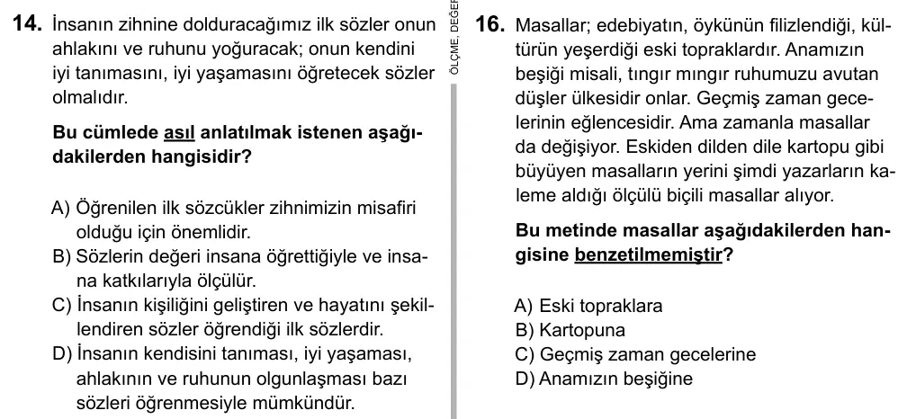 7. Sınıf Türkçe 2015 İOKBS Bursluluk Sınavı 14. Soru görseli