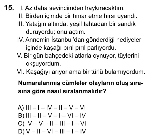 7. Sınıf Türkçe 2015 İOKBS Bursluluk Sınavı 15. Soru görseli