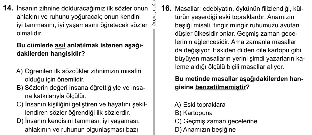 7. Sınıf Türkçe 2015 İOKBS Bursluluk Sınavı 16. Soru görseli