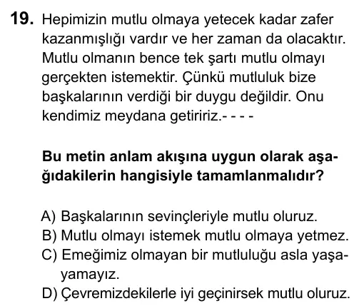 7. Sınıf Türkçe 2015 İOKBS Bursluluk Sınavı 19. Soru görseli
