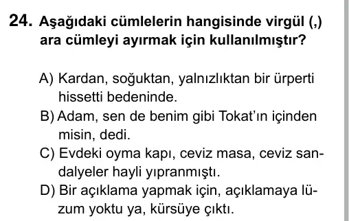 7. Sınıf Türkçe 2015 İOKBS Bursluluk Sınavı 24. Soru görseli