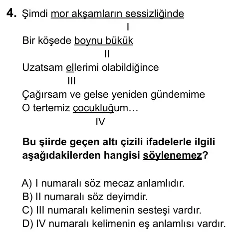 7. Sınıf Türkçe 2015 İOKBS Bursluluk Sınavı 4. Soru görseli