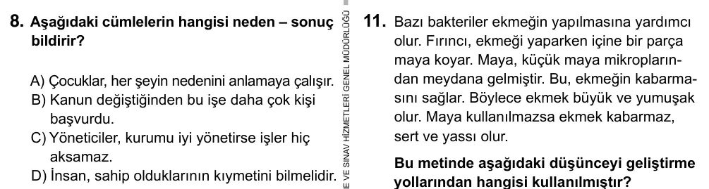 7. Sınıf Türkçe 2015 İOKBS Bursluluk Sınavı 8. Soru görseli