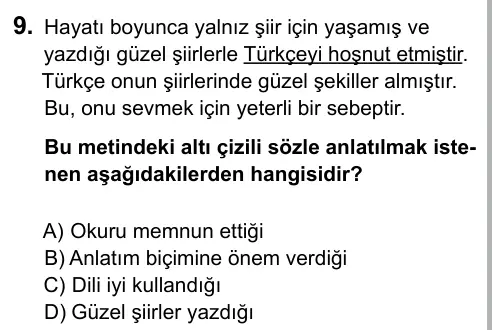 7. Sınıf Türkçe 2015 İOKBS Bursluluk Sınavı 9. Soru görseli