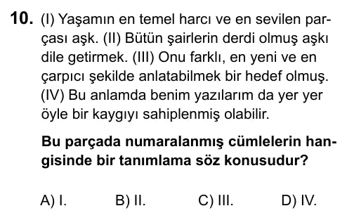 9, 10, 11. Sınıf Dil ve Anlatım 2015 İOKBS Bursluluk Sınavı 10. Soru görseli