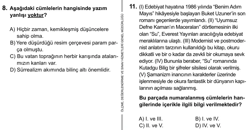 9, 10, 11. Sınıf Dil ve Anlatım 2015 İOKBS Bursluluk Sınavı 11. Soru görseli