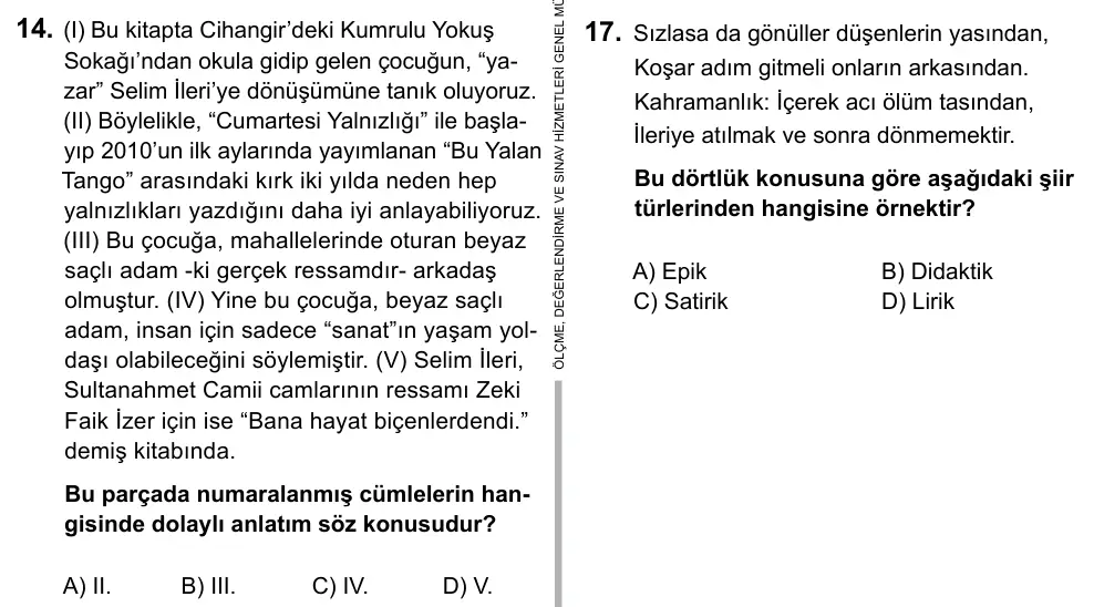 9, 10, 11. Sınıf Dil ve Anlatım 2015 İOKBS Bursluluk Sınavı 14. Soru görseli