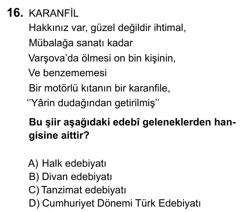 9, 10, 11. Sınıf Dil ve Anlatım 2015 İOKBS Bursluluk Sınavı 16. Soru görseli