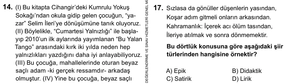 9, 10, 11. Sınıf Dil ve Anlatım 2015 İOKBS Bursluluk Sınavı 17. Soru görseli