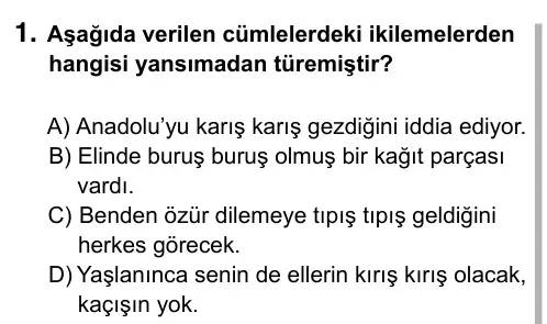 9, 10, 11. Sınıf Dil ve Anlatım 2015 İOKBS Bursluluk Sınavı 1. Soru görseli
