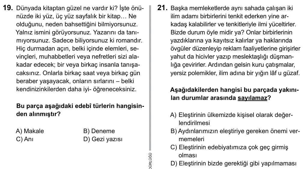 9, 10, 11. Sınıf Dil ve Anlatım 2015 İOKBS Bursluluk Sınavı 21. Soru görseli