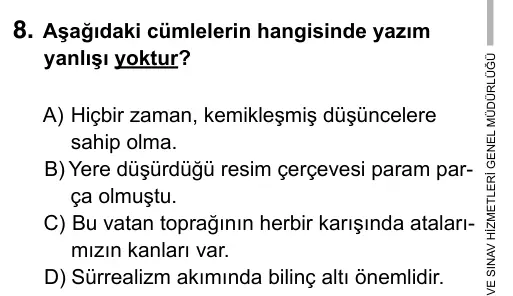 9, 10, 11. Sınıf Dil ve Anlatım 2015 İOKBS Bursluluk Sınavı 8. Soru görseli