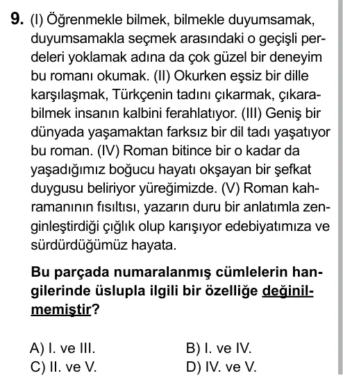 9, 10, 11. Sınıf Dil ve Anlatım 2015 İOKBS Bursluluk Sınavı 9. Soru görseli