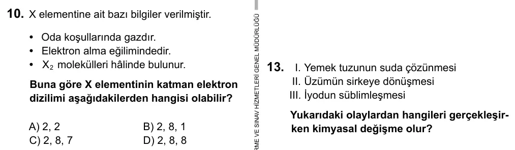 9, 10, 11. Sınıf Fen Bilimleri 2015 İOKBS Bursluluk Sınavı 10. Soru görseli