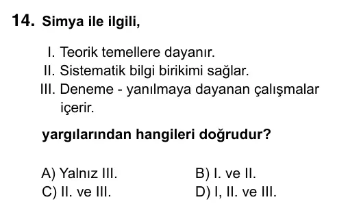 9, 10, 11. Sınıf Fen Bilimleri 2015 İOKBS Bursluluk Sınavı 14. Soru görseli