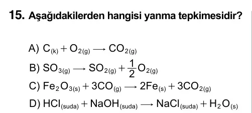 9, 10, 11. Sınıf Fen Bilimleri 2015 İOKBS Bursluluk Sınavı 15. Soru görseli