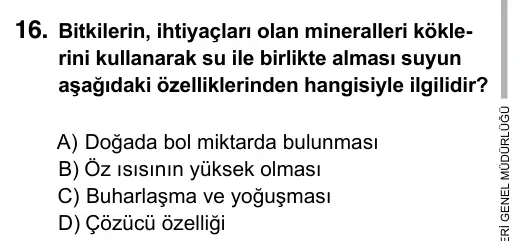 9, 10, 11. Sınıf Fen Bilimleri 2015 İOKBS Bursluluk Sınavı 16. Soru görseli