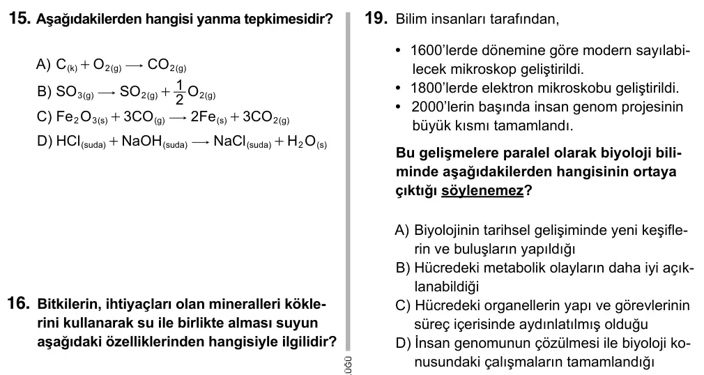 9, 10, 11. Sınıf Fen Bilimleri 2015 İOKBS Bursluluk Sınavı 19. Soru görseli