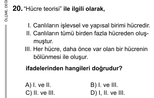 9, 10, 11. Sınıf Fen Bilimleri 2015 İOKBS Bursluluk Sınavı 20. Soru görseli
