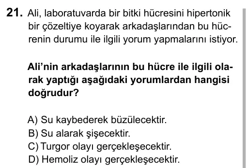 9, 10, 11. Sınıf Fen Bilimleri 2015 İOKBS Bursluluk Sınavı 21. Soru görseli