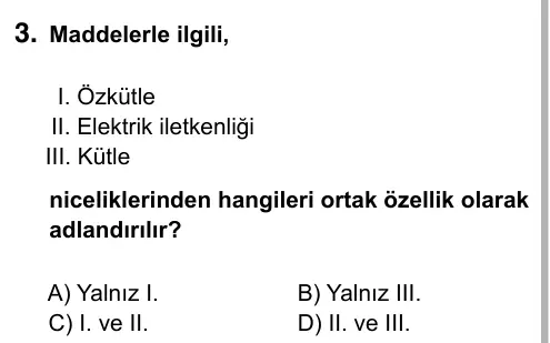 9, 10, 11. Sınıf Fen Bilimleri 2015 İOKBS Bursluluk Sınavı 3. Soru görseli